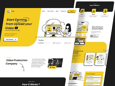 Pods - Content Creator App Landing Page app app landing page content creative creator editor illustration landing page line line illustration mobile app ui video video illustration yellow