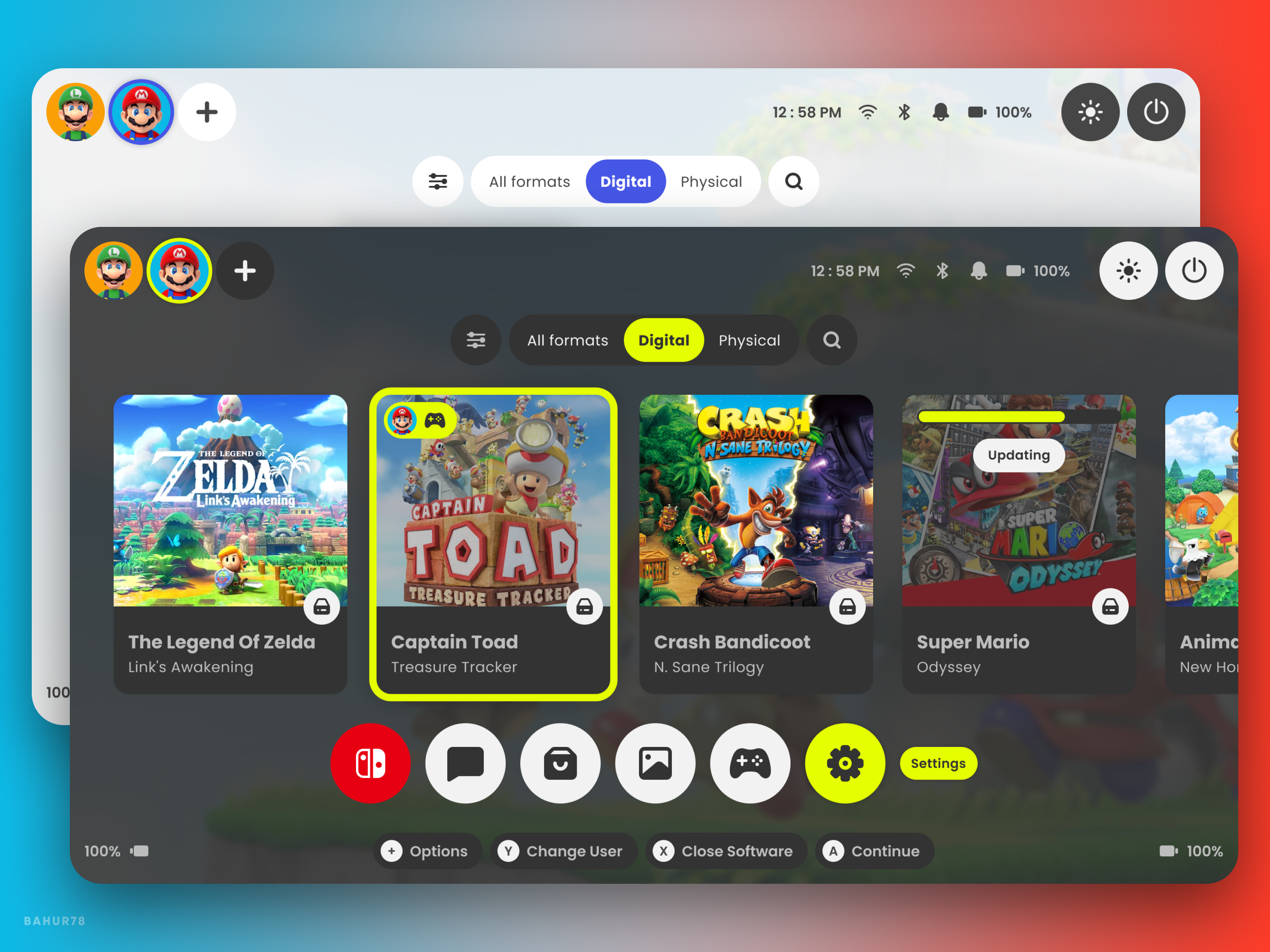 Nintendo Switch - UI Redesign app app design clean ui console dark app figma game gamer gaming glassmorphism nintendo nintendoswitch stream app switch ui ui design uiux videogame