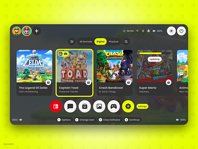 Nintendo Switch - UI Redesign app app design clean ui console dark app figma game gamer gaming glassmorphism nintendo nintendoswitch stream app switch ui ui design uiux videogame