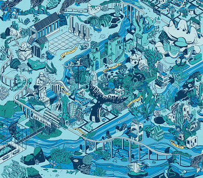 Atlantis Map asian illustrator atlantis city details editorial editorial illustration fantasy illustration fish illustration illustrator manhattan map underwater world building