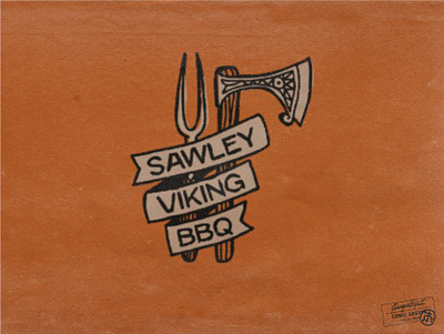 Sawley Viking Bbq battleax bbq brand identity cooking family fire food grill hand drawn illustration local logo meat outdoor retro sans serif takeout vector viking vintage