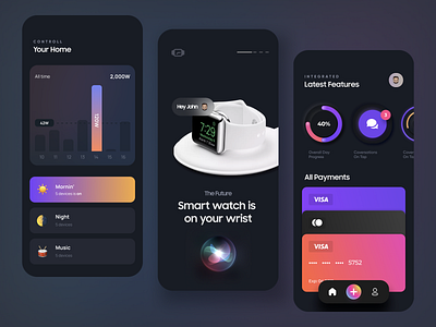 Smart Watch Mobile App Design 3d app app design dark dark app dark ui design minimal mobile mobile app product design smart app smart home smart house smart watch typography ui ui design watch watch app