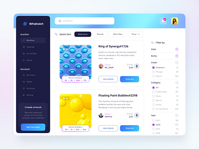 WhatsArt - NFT Platform Dashboard 3d 3d art 3d object artwork blockchain clean website crypto crypto art crypto currency crypto dashboard dashboard filter gradient nft nft dashboard nft platform nft website online shop online store sort