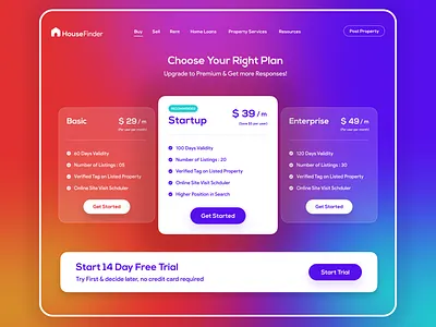 Pricing Page - Pricing & Free Trial Overview blurr buttons cards colorfull cta free trial glass gradient plans premium price pricing pricing page pricing plan property subscription upgrage web design