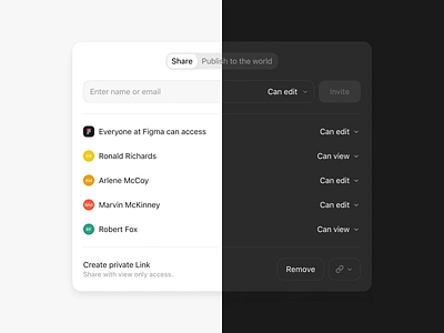 Sharing avatar button clean dark description desktop dropdown feature input light link minimalist modal publish share sharing tab tabs typography workspace