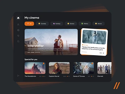 Online Cinema Platform animation category dark theme design fact home page interaction landing landing page movie online online cinema platform streaming ui uiux ux web web interaction web site