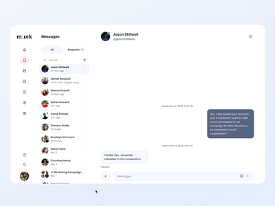 Messaging in Mink chat chat bubble collaboration conversation design interface media message messaging minimal mink network social media talk ui ux web
