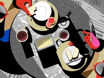 Breakfast artwork bread breakfast coffee cutlery digitalart dish fruit meal people