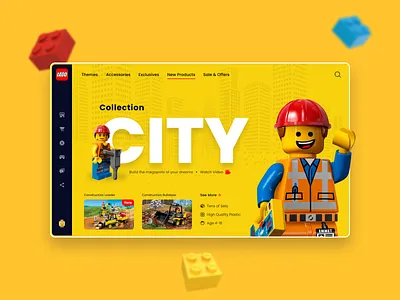 LEGO Landing Page Design blur branding bricks city constructor creator design landing lego minifigures minimal ui ux web website yellow