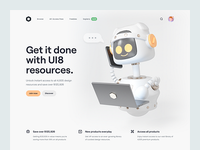 UI8 All-Access Pass – 3D Illustration 3d 3d design 3d illustration character character design clean hero header illustration landing page minimal robot typography ui ui design ui kit ui resource ux ux design web web design