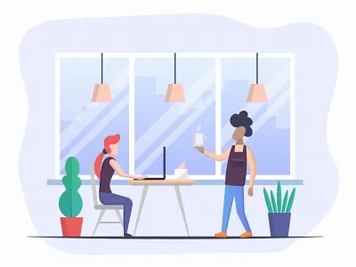Free Illustration Girl at a Laptop in a Cafe design freebie graphics graphicsurf illustration laptop remote vector workplace