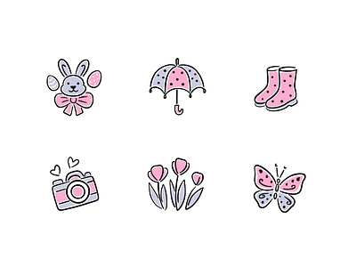 Spring hand drawn line art icons black and white bunny butterfly doodleart doodles drawing easter egg floral flowers hand drawn illustration line drawing lineart minimal rain sketch spring summer vector