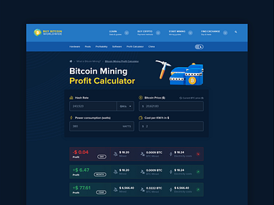 Bitcoin mining profit calculator bitcoin blockchain branding calculator crypto dark design etherium hash rate mining price profit redesign responsive ui user interface ux website website design white