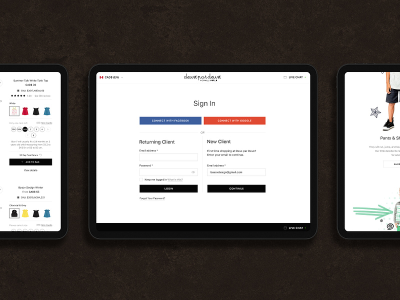 Sign in and product page. Website design for Deux par Deux baby baby clothes ecommerce ecommerce app ecommerce design ecommerce shop kids magento 2 minimal product product design responsive design shop shopping app store tablet app tablet design uidesign website design