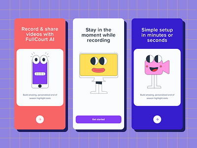 FullCourtAI — Explore new ways of recording application bright cartoon characterdesign characters colorful creative funny illustration recordvideos splashscreen ui videoeditor