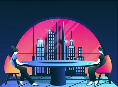 Important talks art character city dark flat gradient illustration skyscraper table vector window woman