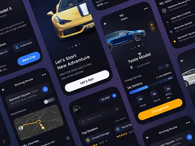eCar Assistant and Rent Mobile App android auto auto rent automotive battery car car rent dark dark mode destination ecar electric car interface ios map mobile rent route ui ux
