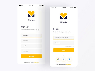 Login and sign up screens design illustration login design login page login screen logo minimalist mobile app mockup signup design signup page signup screen social media login social media signup ui ui design uidesign uiux