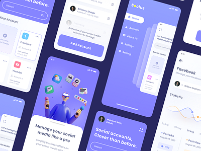 Social Media Hub - Mobile App app clean facebook feed ig instagram insterface ios management tools minimal post purple social social app social media stories ui user ux youtube