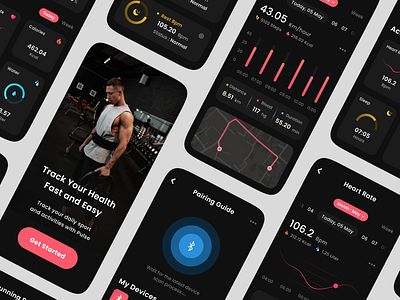 Health and Fitness Mobile App activity calories dark dark mode fitness gym health health tracker heart rate interface pulse running sport tracker ui ux walk