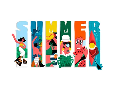 Summer beach boat design flat girl happy illustration man modern style relax roller scates snorkelling summer sun sweem travel vector watermellon woman