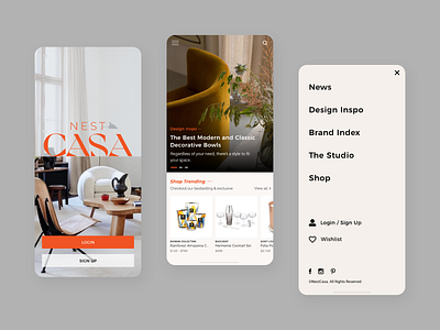 NestCasa - Luxury Furniture Mobile Magazine + Shop ecommerce ecommerce design furniture interface luxury magazine minimal mobile orange shop