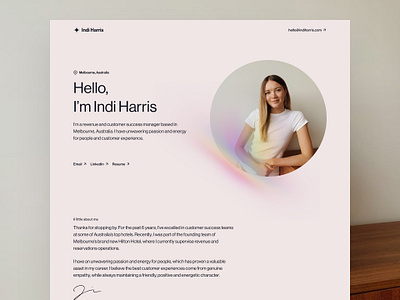 Indi Harris – one-page personal site brand identity figma free gradient light gradient linkedin minimal minimalism neue haas grotesk one page one pager pastel personal site portfolio portfolio site resume sans serif simple web design webflow