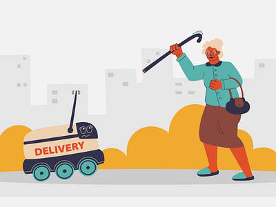 Are you ready for the future? city concept delivery design dribbble elderly flat fun humor illustration jesting new robot situation unmanned vector woman