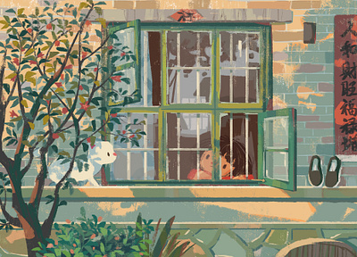 By the Window afternoon cat childhood girl house illustration memory plant pomegranate tree window