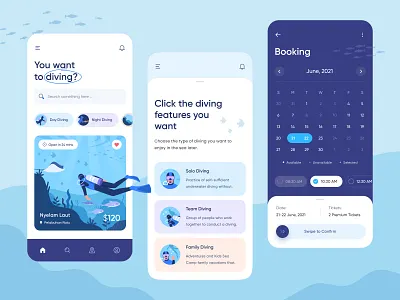 Diving App Design π app booking calendar character corrals date diving family diving fish illustration ios mobile ocean sea solo diving team diving time water