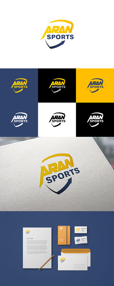 Shield logo aran blue branding combination custom font fort handmade logo minimal negative space shield sports strength strong yellow