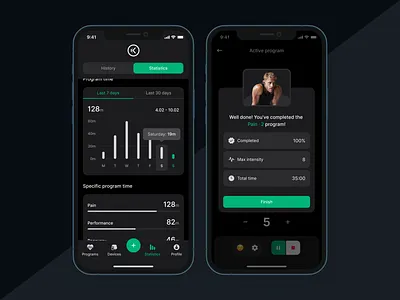 NuroKor Lifetech App | Statistics app appdesign dark darkmode design health healthapp light lightmode microcurrent minimal program treatment ui ux