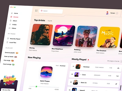 Music Player Web App application atrist farzan landing page music player play playlist podcast rylic siner songs spotify talent ui ux web platform webapp webdesign website youtube