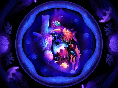 Ocean Heart adobe illustrator color coral dream fantasy fish graphic design heart illustration jellyfish kalamint light medusa nft nftart ocean overlay space vectorart water