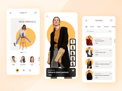 Thrifty Shopping adobe xd clean design design studio fashion marketplace minimal mobile design online store pastel orange rapidgems shopify shopping shopping app style thrifty design ui design user experience ux design women