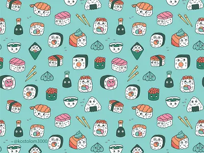 kawaii sushi pattern art cartoon character cute design drawing illustration pattern seamless sushi