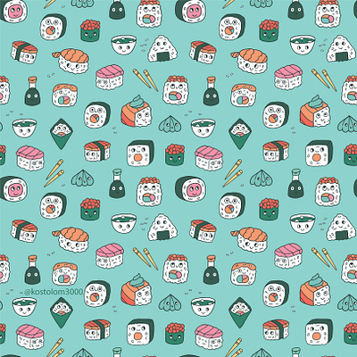 kawaii sushi pattern art cartoon character cute design drawing illustration pattern seamless sushi