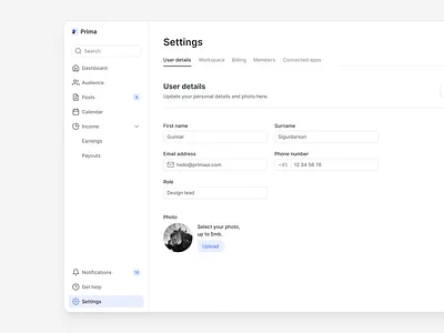 User details — Prima button component component library components design design system input field kit library menu navigation platform settings sub menu ui ui kit uikit user details uulibrary ux