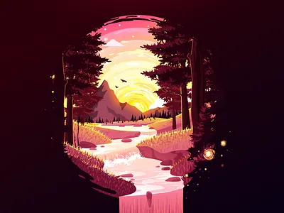 Stepped River artstyle circleart flow forest illustration inspire landscape nature negative proart prokopenko river sky stars travel tree waterfall wild wood
