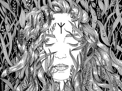 Morning Dew, Rune Mir artwork black white black and white botanicalart folk graphic herbal illustration inkonpaper inkwork linework pagan pattern portrait rune
