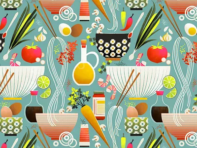 Hot Noodles bowl chinese chive chop sticks egg food illustration lime noodles pad thai pattern ramen seamless thai