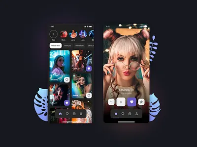 Social App app branding card clean dark darkmode dating datingapp design gallery graphic design like likegallery menu mobiledating search social ui user usercard