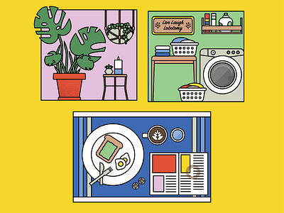 Home Sweet Home breakfast coffee cottagecore design home home decor illustration laundry modern plants vector washing