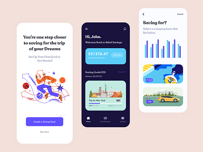 Savings & Banking App anwar.uiux app clean digital payments flat illustration invest ios minimal mobile banking payments saving goals