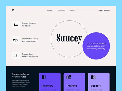 Saucey - Hospitality Platform circular features hospitality hotel landing page managment minimal modern new design 2021 platform rounded saas statistics tourism typography web design web ui webapp website design