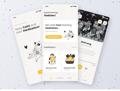 Relaxiki | Meditation app app design black and white bw cats clean color illustration meditation mindfulness mobile app design relax relaxation ui ux