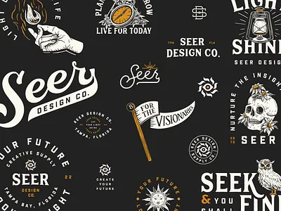 Seer Design Brand Sheet brand identity branding brush script classic eye illustration lettering monogram retro script skull sun type lockup typography vintage vintage typography