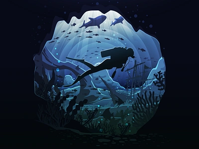 Diving bottom circle deep diver diving fish frogman illustration landscape nature negative plunger proart prokopenko scuba scuba diver sea trend undersea underwater