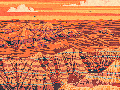 Badlands 2d badlands dakota desert digital painting hills illustration ipad pro landscape mountains plains procreate retro southwest sunset travel poster vintage western works progress administration wpa