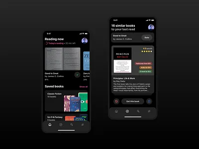 Books App Concept app books card dark design ebook mobile reading recommendation ui